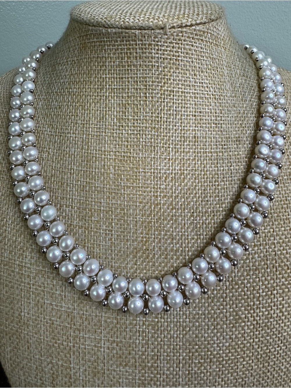 Genuine White Pearl Double Row Woven Necklace - Ornate Box Clasp